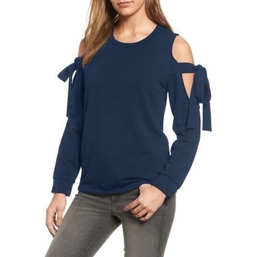 Pleione Womens Cold Shoulder Tie Sleeve Sweatshirt Top Blue Sz XXSP Petite 2XS